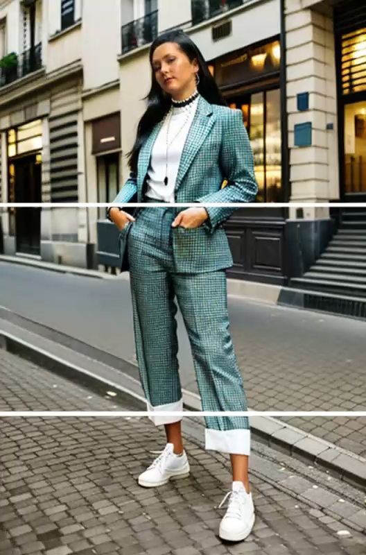 Mulher usando o app YouCam Perfect como um editor de roupas para criar e montar looks com IA.