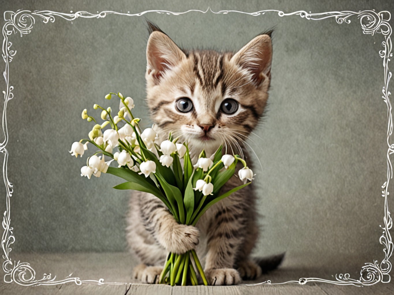 Cartes virtuelles 1er Mai gratuite : chaton avec muguet dans les pattes