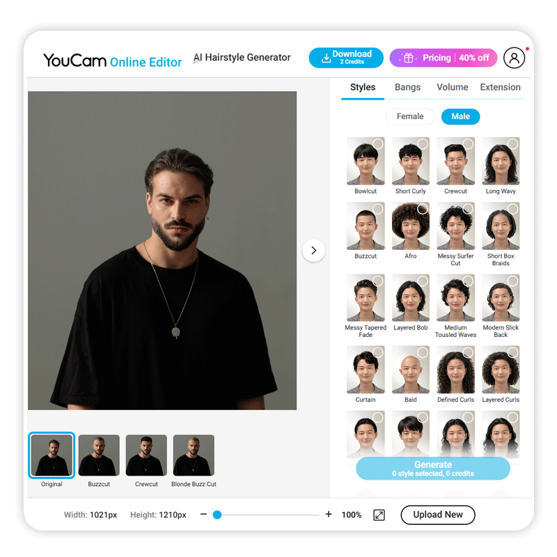 Générateur de coiffures IA montrant un filtre coupe buzz et chauve en ligne