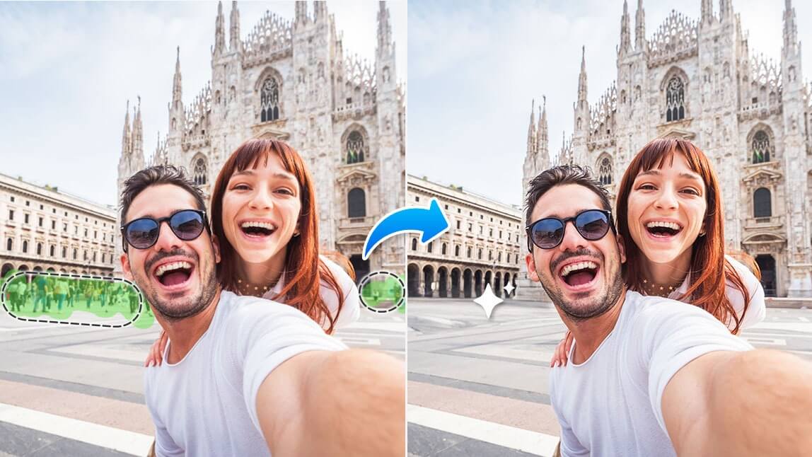 Selfie-Paar vor dem Mailänder Dom mit entfernten Passanten im Hintergrund für ein sauberes, ruhiges Urlaubsfoto.