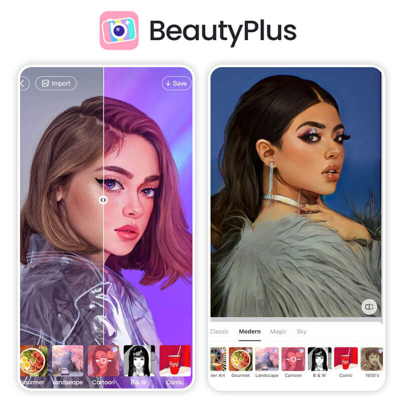 Utilisez les filtres visage drole et effets amusants de l'application BeautyPlus.