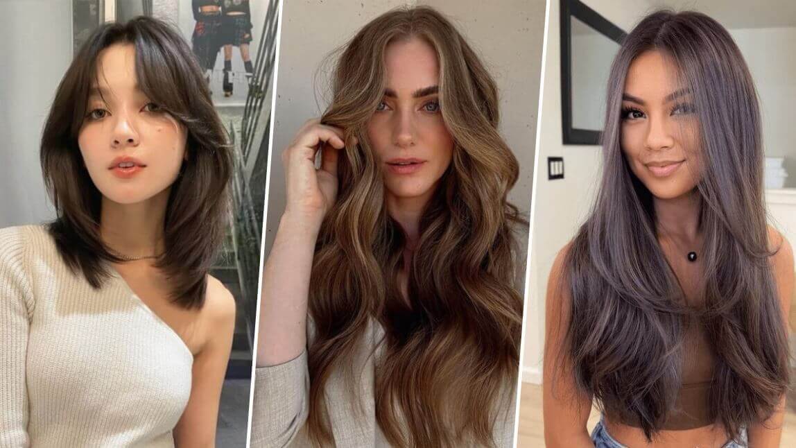 Verschiedene moderne Frisuren für Frauen mit langen, lockigen und glatten Haaren, ideal für einen Frisurentest, um herauszufinden, welche Frisur passt.