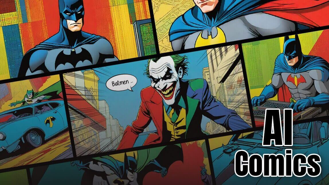 Uma colagem de painéis de HQ gerados por IA com personagens de quadrinhos e o texto "AI Comics", ilustrando como criar quadrinhos com IA.