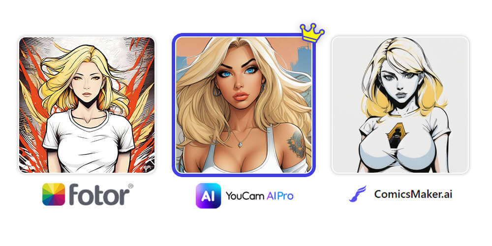 Logos do YouCam AI Pro, Fotor e ComicsMaker.ai, apps para criar HQs com IA.