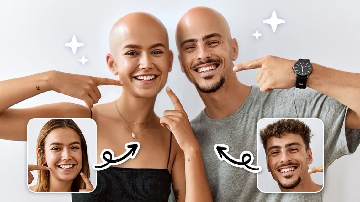 Man and woman showing realistic before and after results using an AI bald filter to simulate a shaved head look.