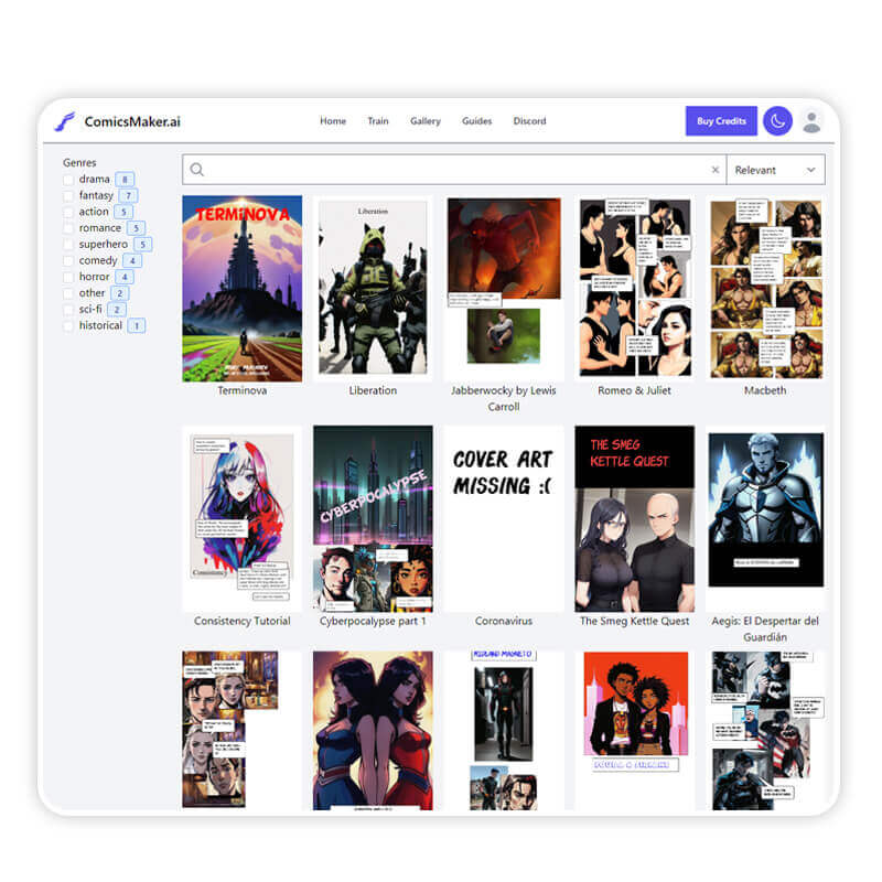 Galeria de inspiração com HQs criadas com a IA do ComicsMaker.ai.