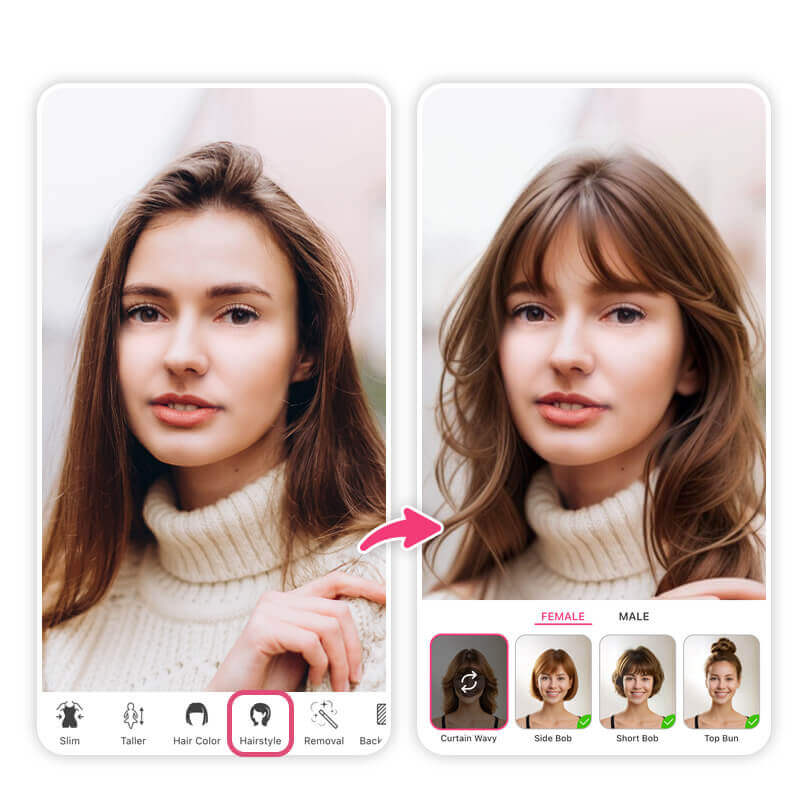 Comparison of before and after using virtual bangs filter online