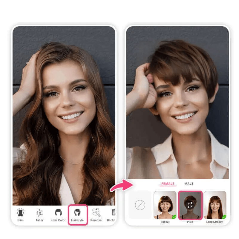 Woman using online short hair filter to test a bob cut