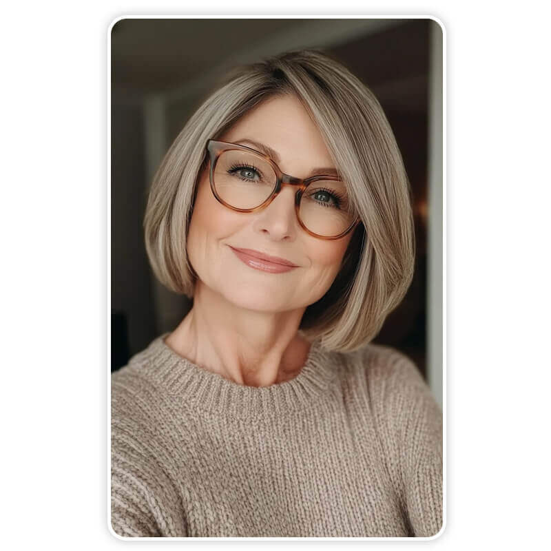 Coupe de cheveux femme 60 ans avec lunettes : carré court