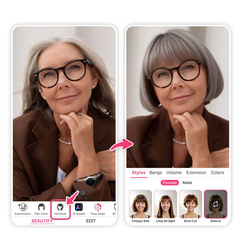 Coupe de cheveux femme 60 ans avec lunettes : coiffure virtuelle IA