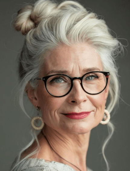 Coiffure femme 60 ans avec lunettes : chignon