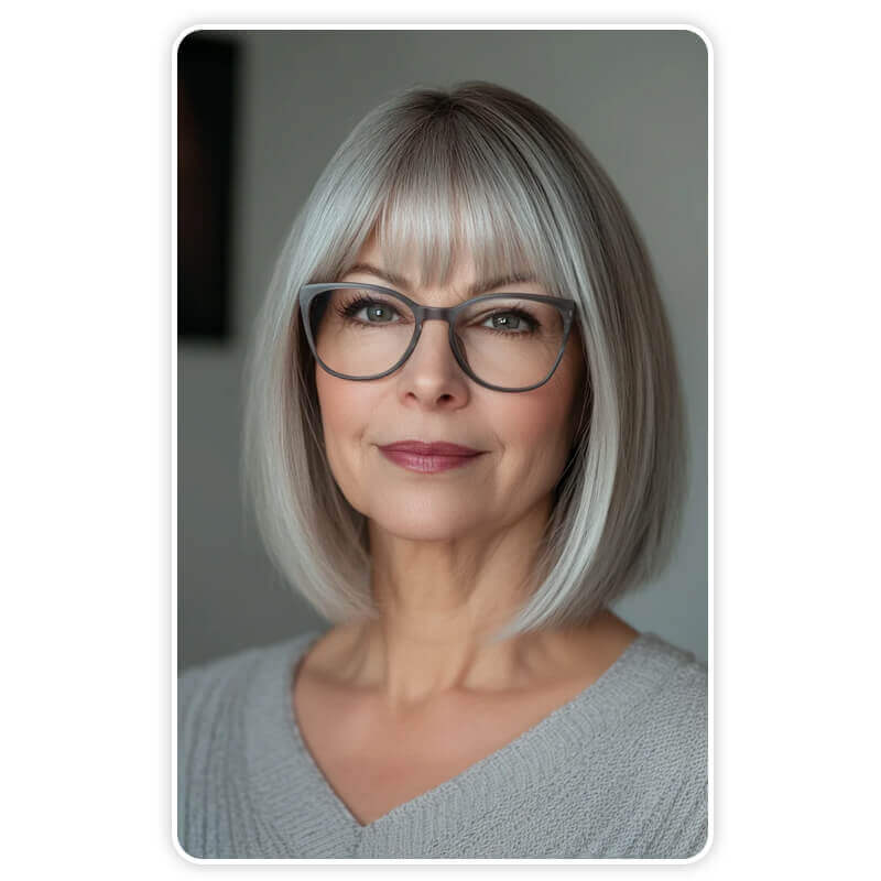 Coupe de cheveux femme 60 ans avec lunettes : frange