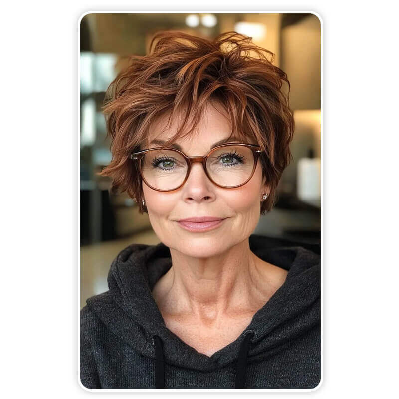 Coupe de cheveux femme 60 ans avec lunettes : Pixie ondulée