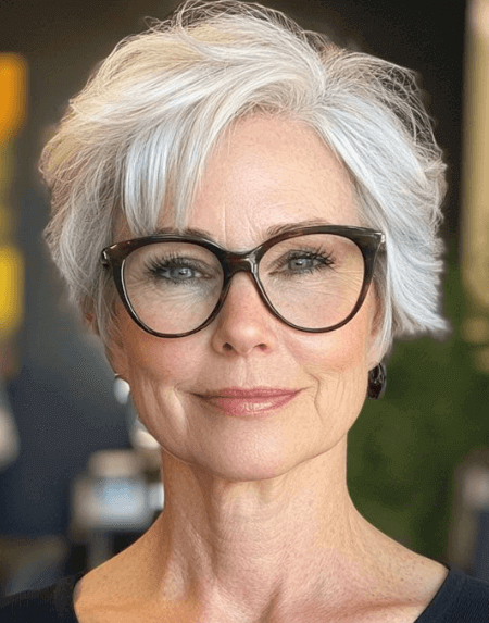 Coupe de cheveux femme 60 ans avec lunettes  : Pixie