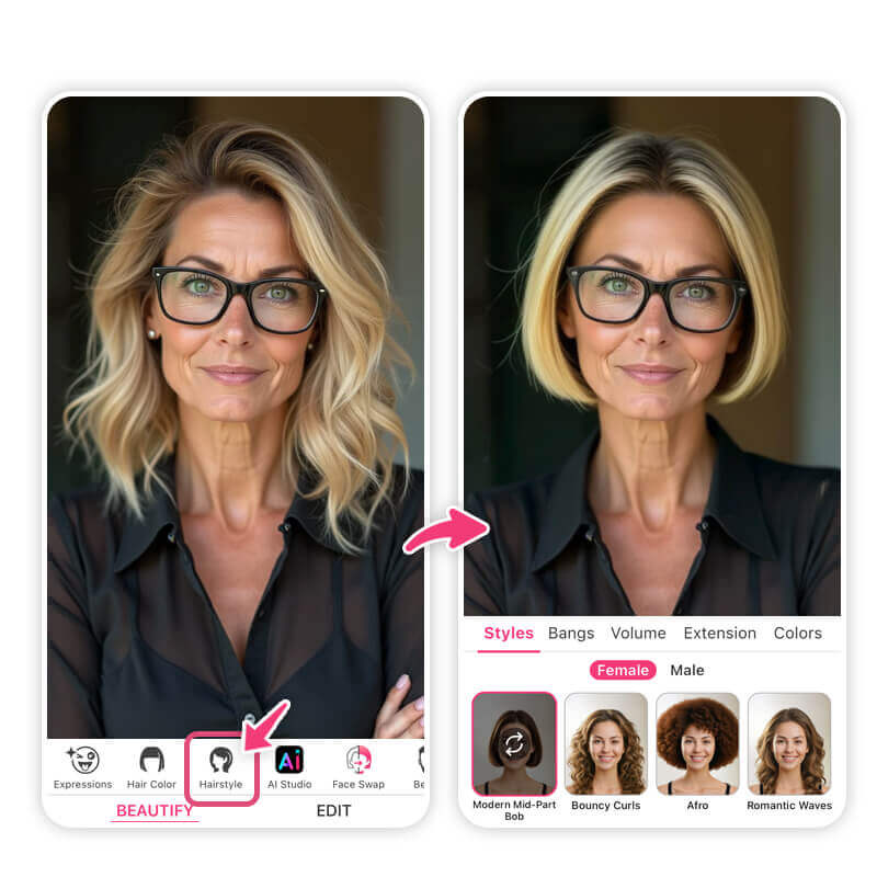 Coupe de cheveux femme 60 ans avec lunettes  : simulateur coiffure IA