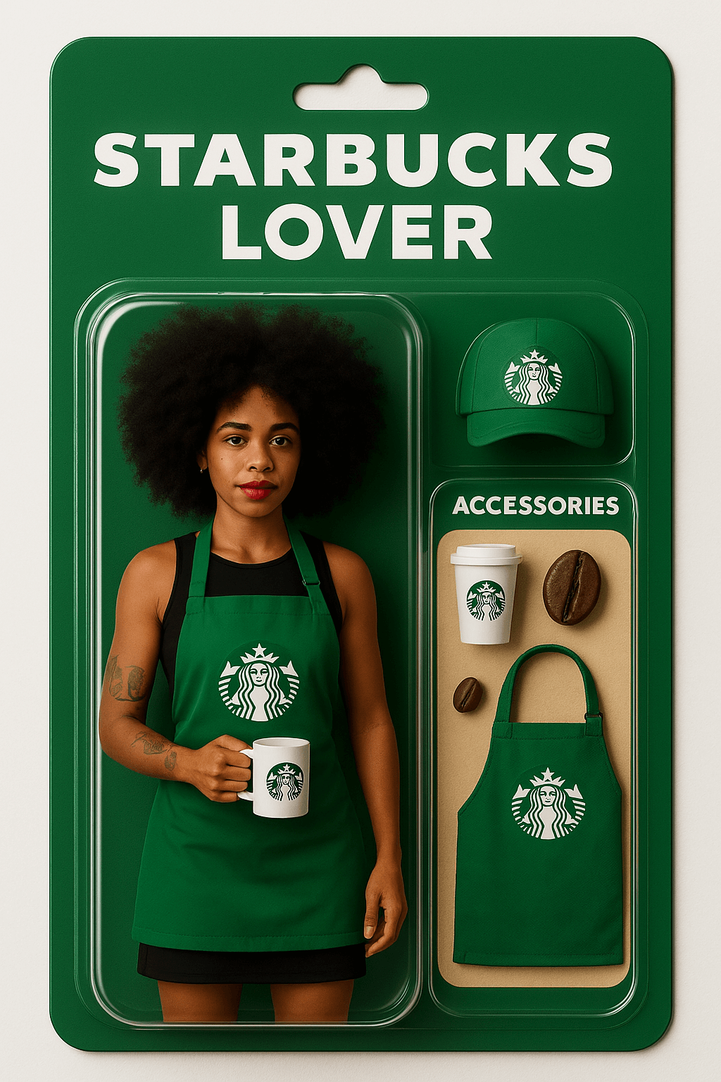 Boneco na caixa com IA 'Starbucks Lover' gerado pelo ChatGPT, mostrando mulher com avental verde e acessórios de café.