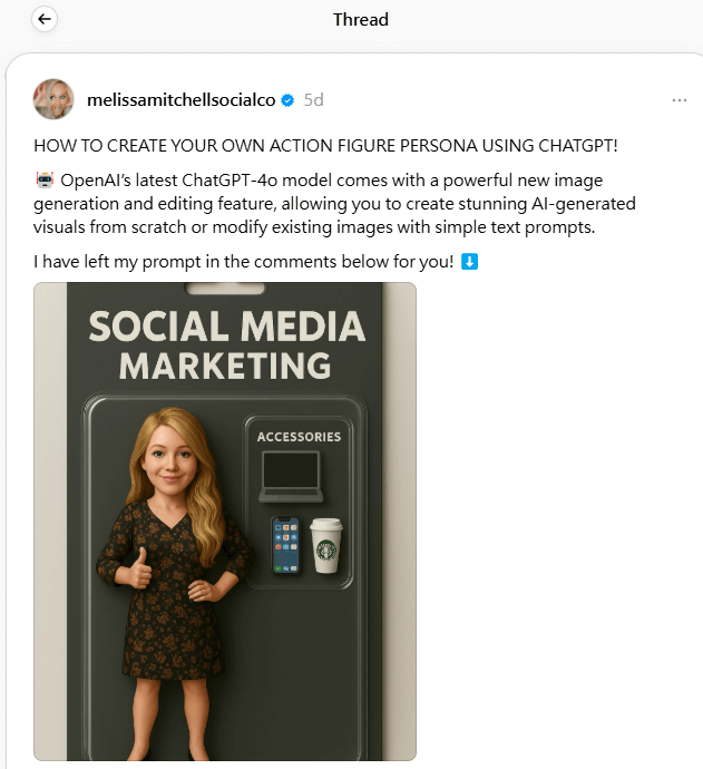 Boneco na caixa IA 'Social Media Marketing' com acessórios e embalagem personalizada, criado para a trend 2025.