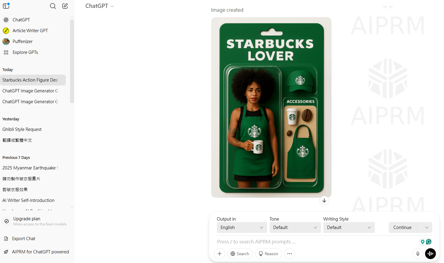 Interface do ChatGPT mostrando imagem gerada por IA de um boneco na caixa 'Starbucks Lover' e o prompt utilizado.