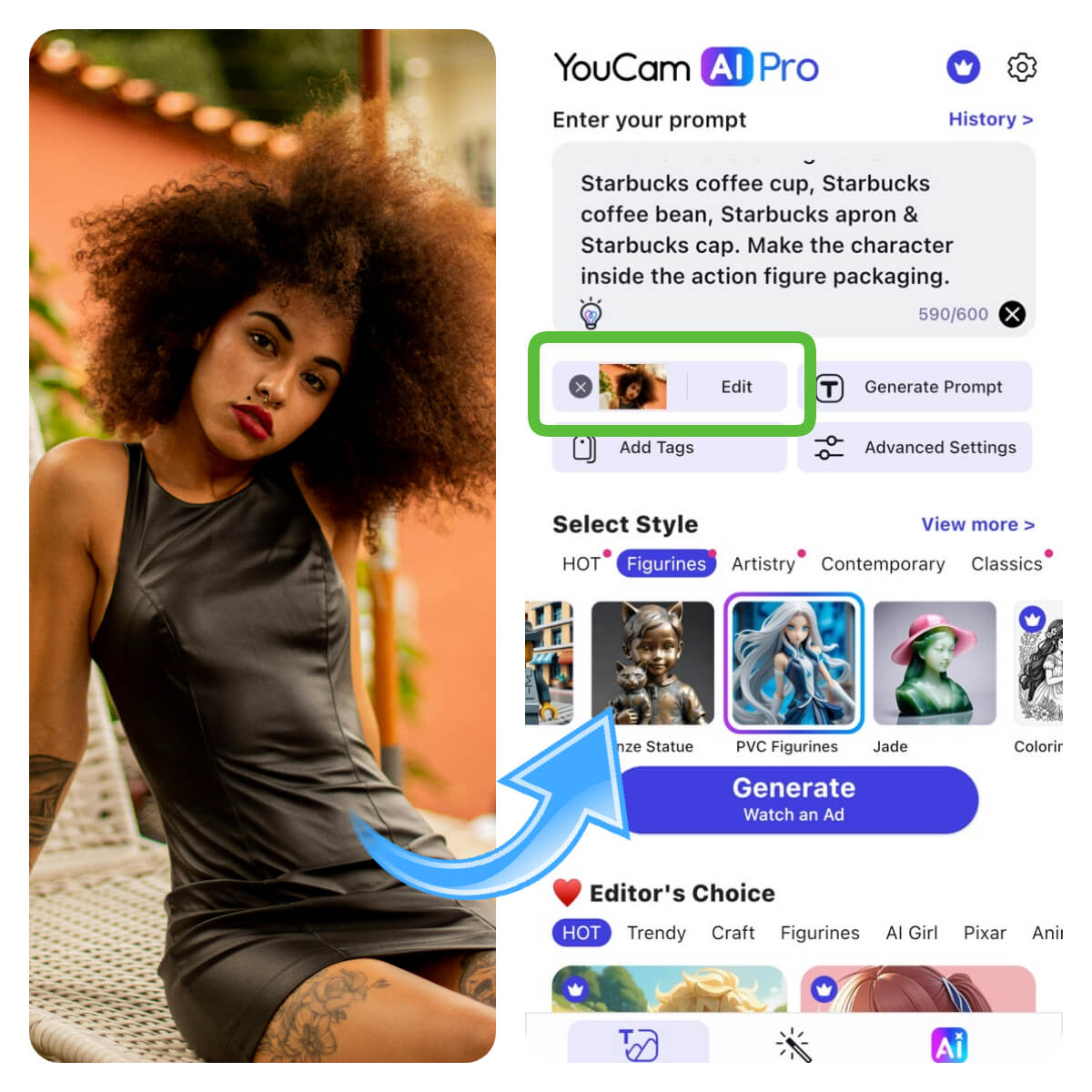 Comparativo: foto original e interface do app YouCam AI Pro com imagem de referência carregada para criar boneco IA.
