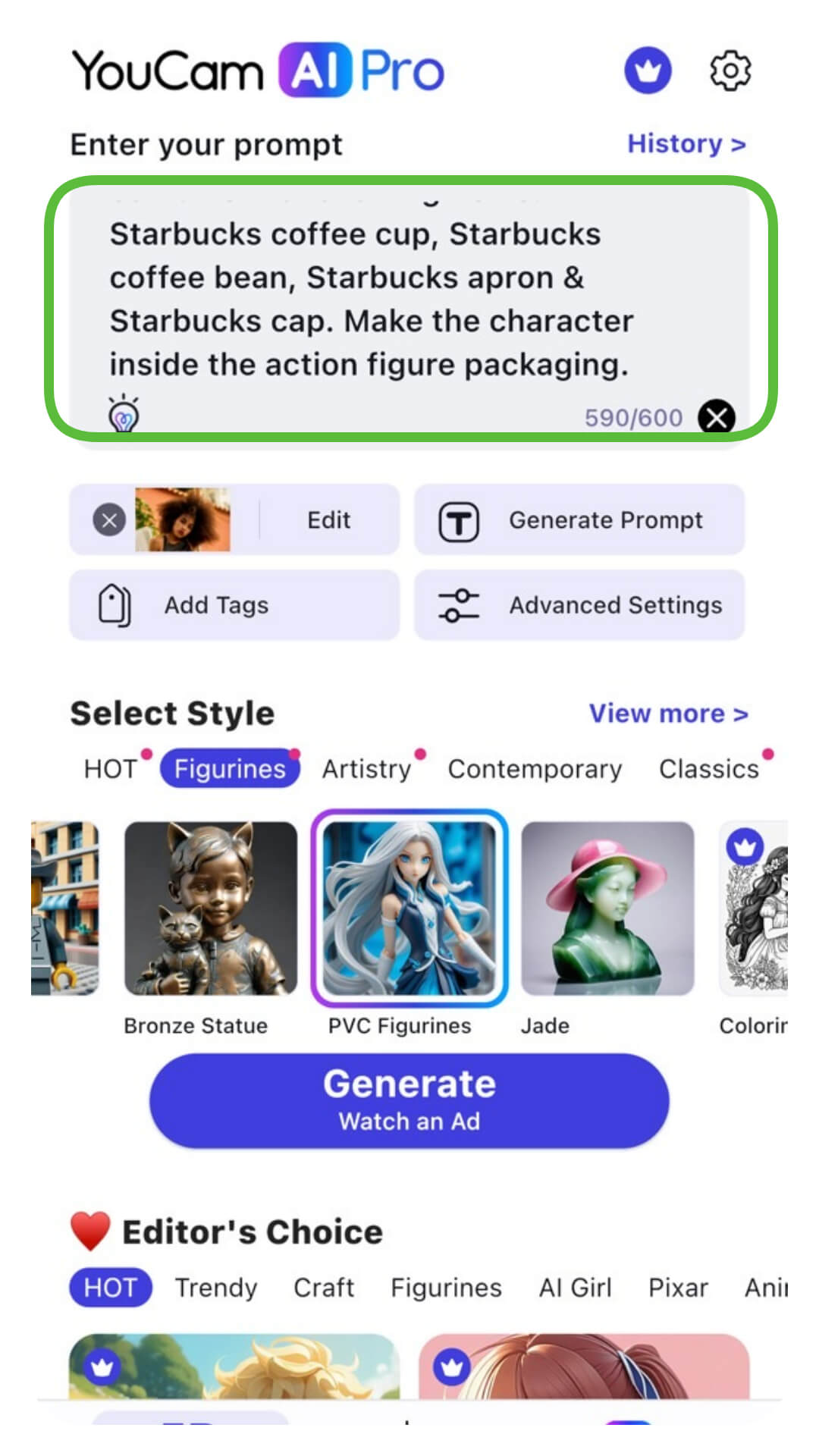 Interface do app YouCam AI Pro mostrando prompt de texto para gerar boneco IA estilo Starbucks e seleção de estilo 'Figurinos'.