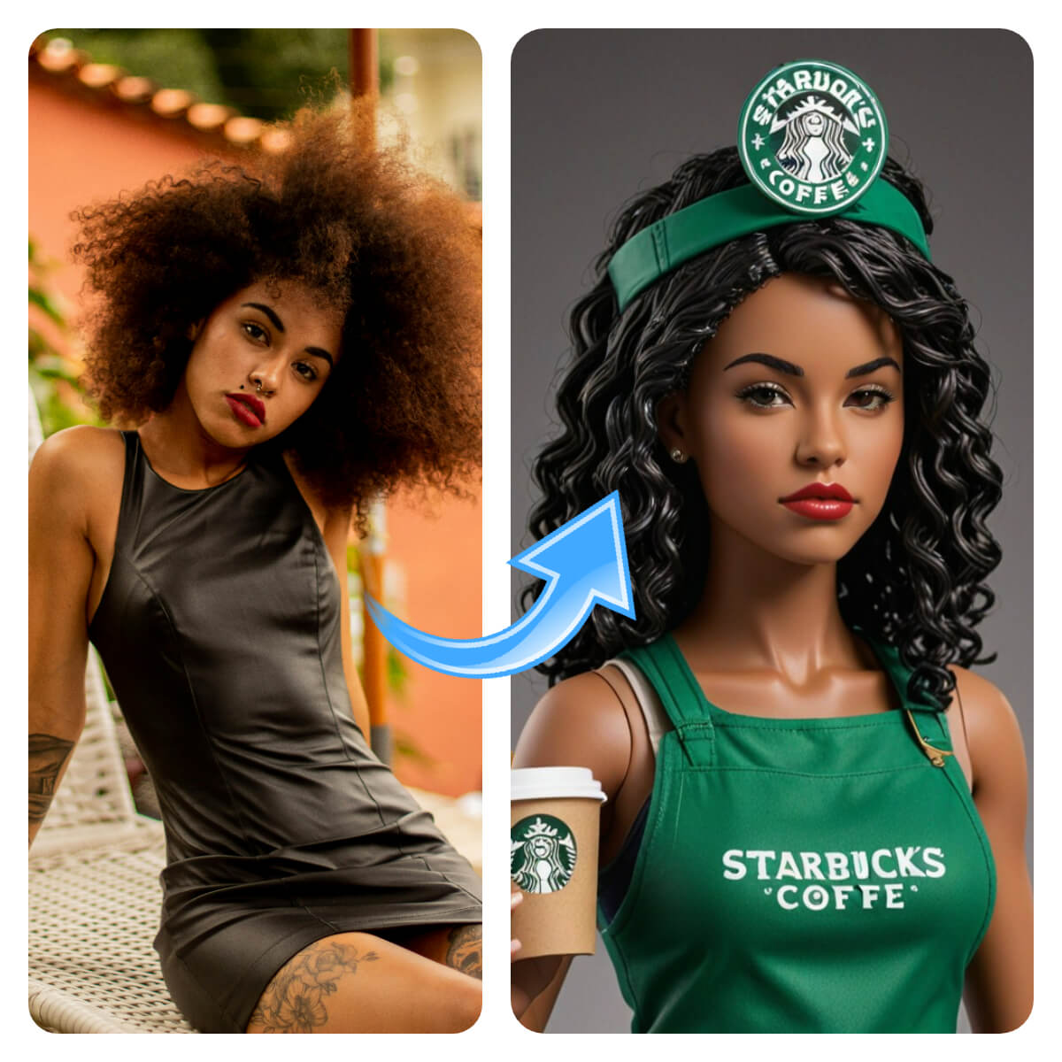 Resultado final: comparação entre foto real e boneco colecionável estilo Starbucks gerado pelo app YouCam AI Pro.