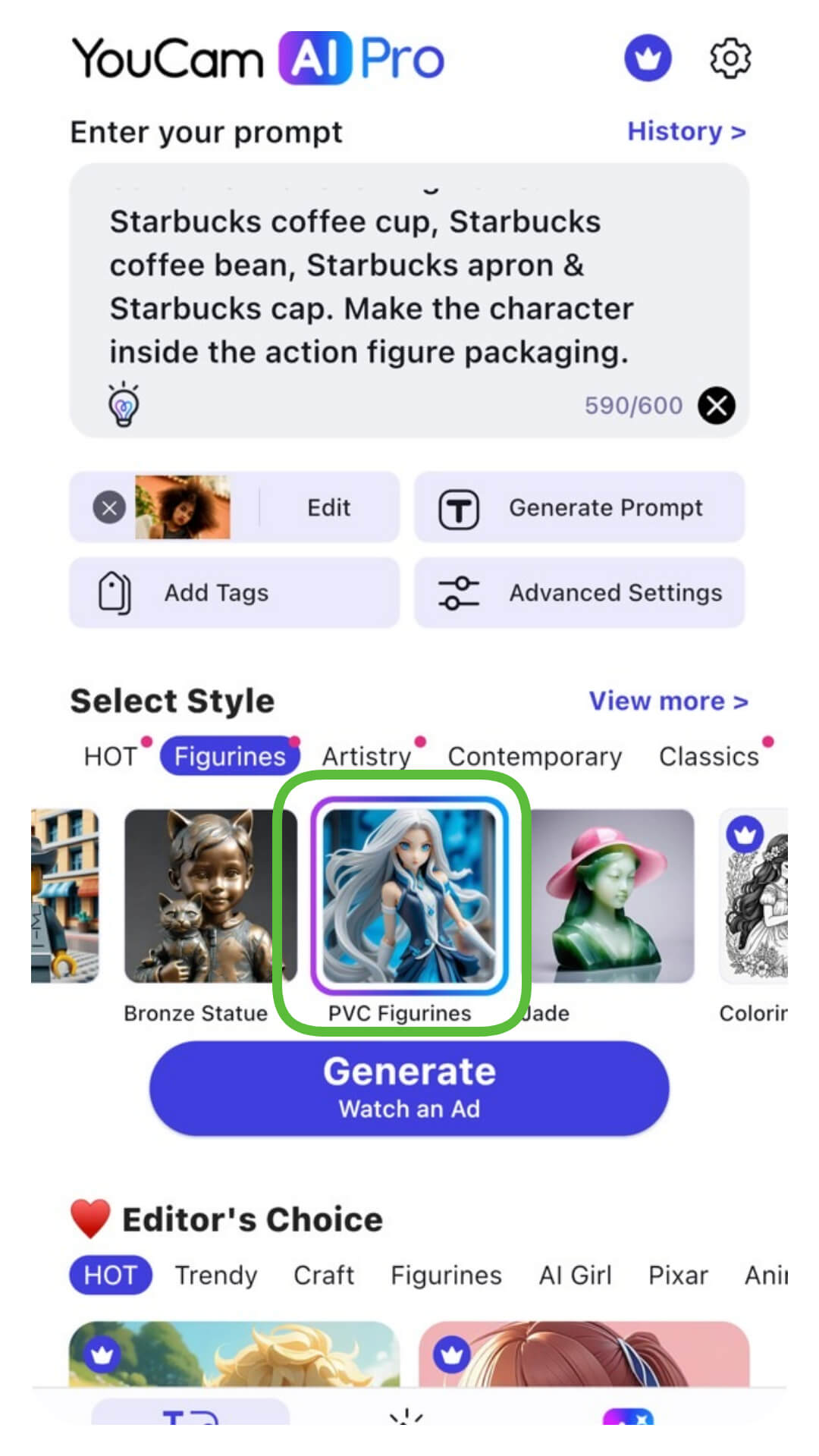 Tela do app YouCam AI Pro selecionando o estilo de arte IA 'Figurinos' para gerar imagem de boneco colecionável.