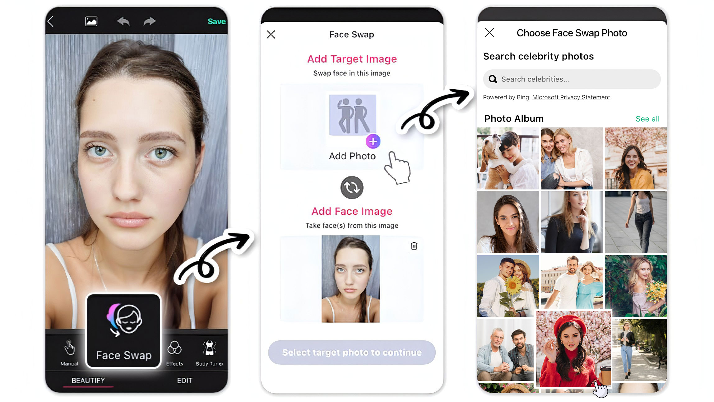 Appuyez sur échange de visage puis sélectionnez la photo dans l'application YouCam Perfect