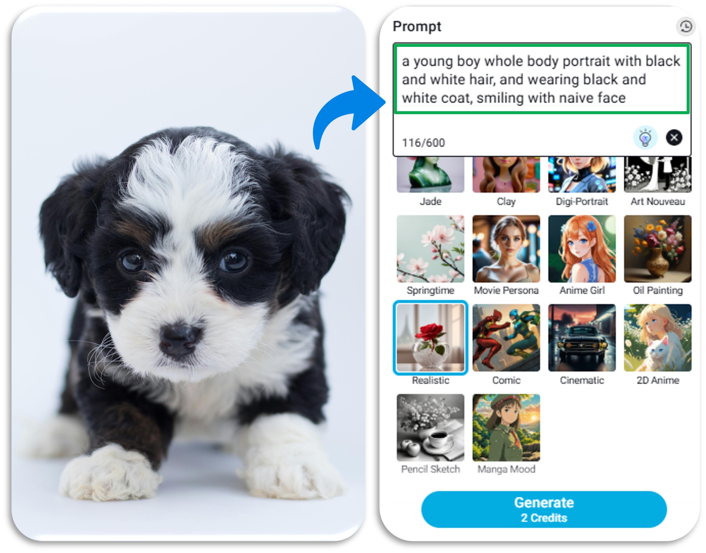 Generatore di Immagini AI YouCam: Trasforma Cane in Umano