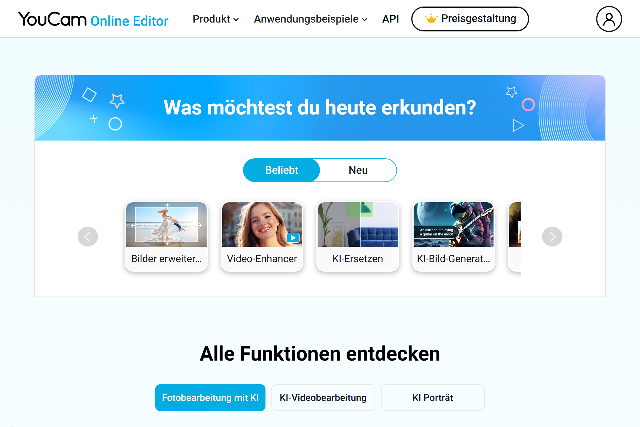 Screenshot vom YouCam Online Editor für KI-Bildbearbeitung