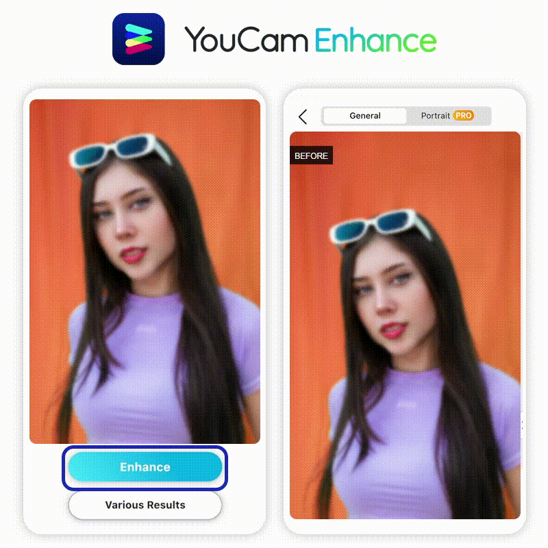 Animação mostrando como remover o desfoque de uma foto com a ferramenta Melhoramento IA do YouCam Enhance.
