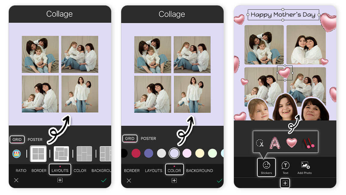 Criar colagem personalizada Dia das Mães com grade, adesivos e texto