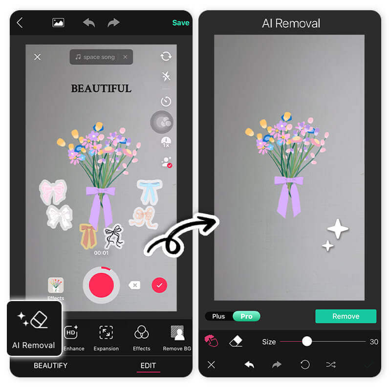 Demonstração da ferramenta Remoção IA no YouCam Perfect limpando a imagem do TikTok