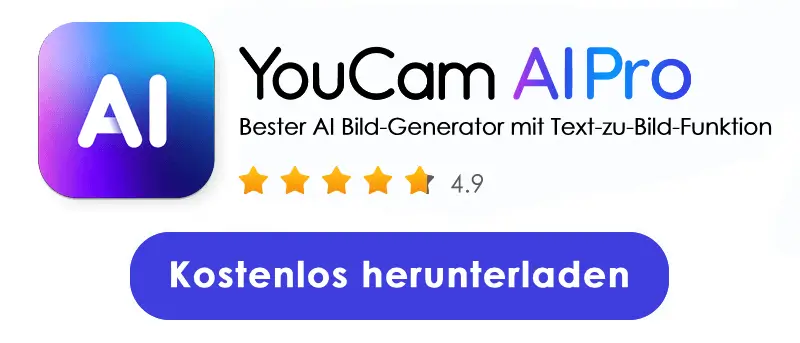 Banner von YouCam AI Pro zum Herunterladen der App im App Store und Google Play Store