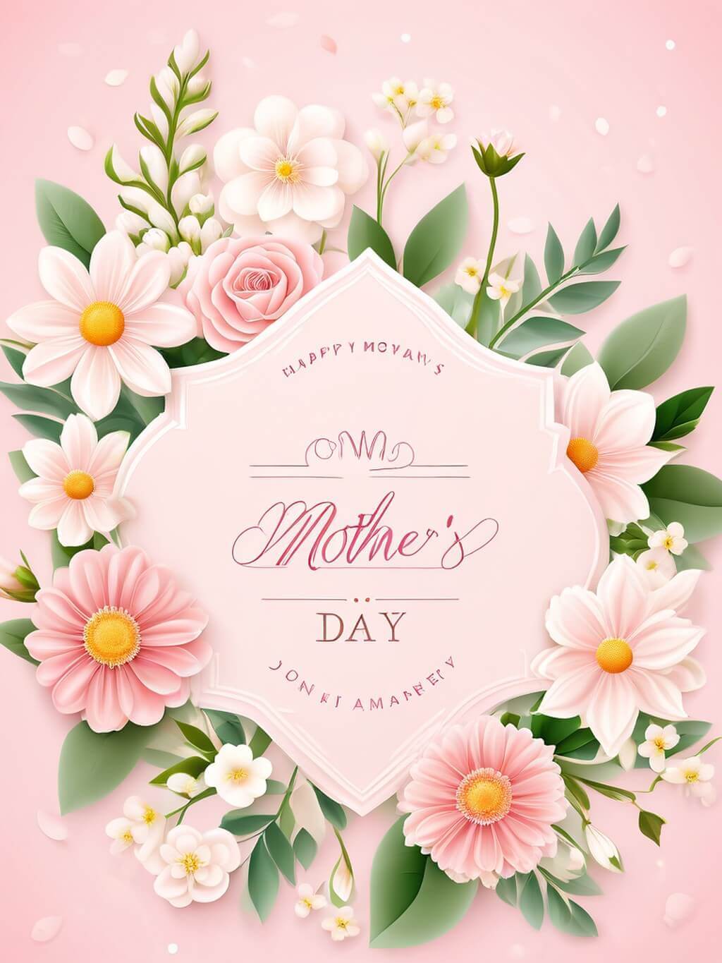 Imagem de Feliz Dia das Mães com flores em fundo rosa suave, estilo vintage