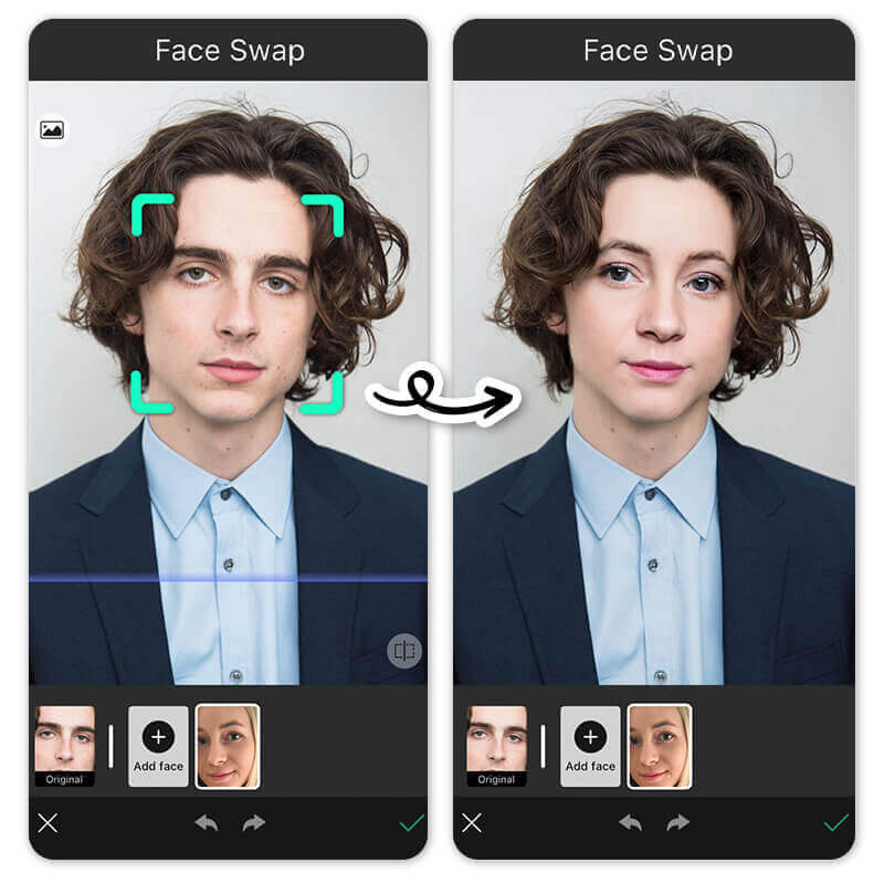 Vorher-Nachher-Foto zeigt denselben jungen Mann, dessen Gesicht durch einen weiblichen Look ersetzt wurde, inklusive femininer Gesichtszüge.