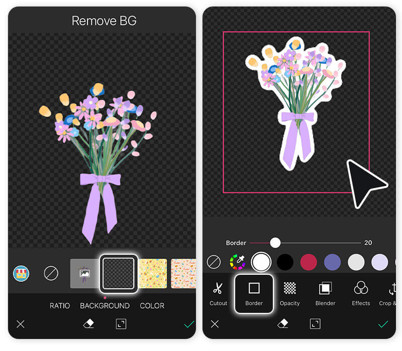 Buquê Flower Language com borda branca adicionada no app