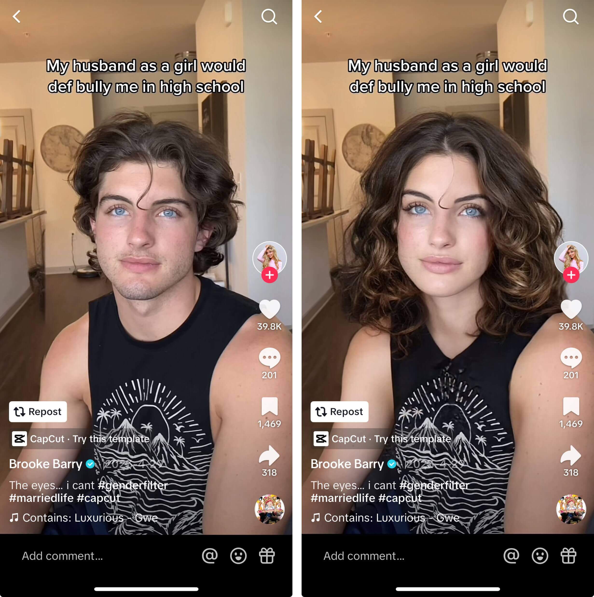 Mann wird mit Filter in eine Frau verwandelt