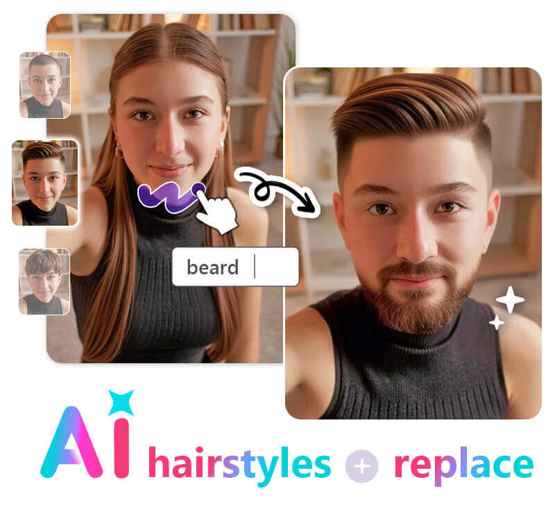 Ein AI-Tool demonstriert eine Geschlechterumwandlung: Eine Frau wird in einen Mann mit kurzem Haar und Bart verwandelt. Auf dem Bildschirm ist die Texteingabe 