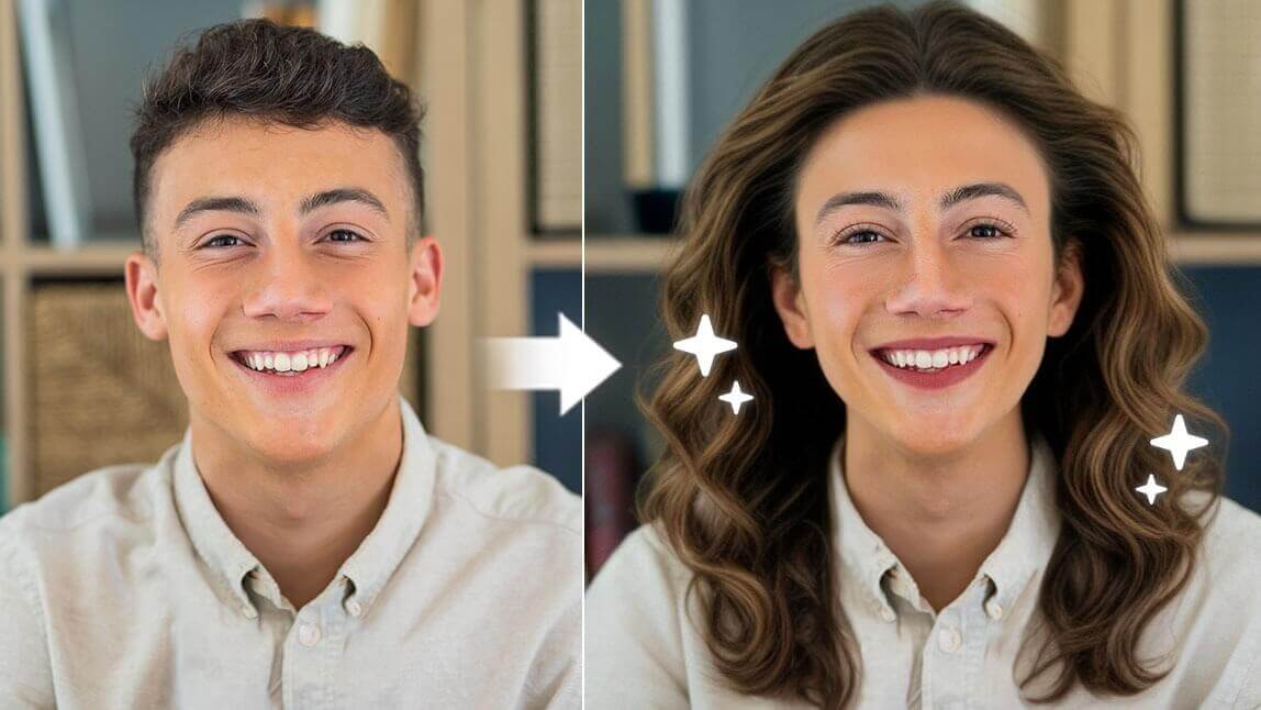 Vorher-Nachher-Bild eines jungen Mannes, der mithilfe eines Gender Swap Filters in eine weibliche Version verwandelt wurde, mit langem, lockigem Haar und femininen Gesichtszügen.