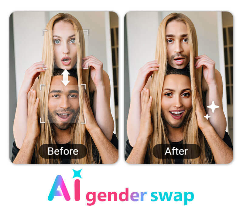 Lustiger Vorher-Nachher-Gender-Swap mit zwei Personen, bei dem die Gesichter vertauscht wurden, um einen Mann mit weiblichem Aussehen zu zeigen.