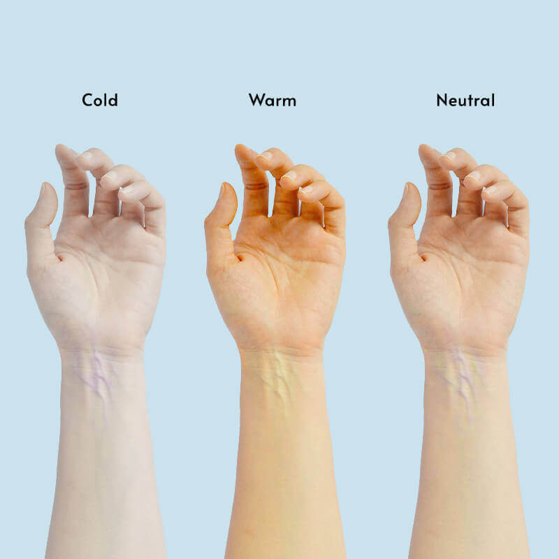 Comparação visual dos subtons de pele: frio (rosado), quente (amarelado/dourado) e neutro (equilibrado).