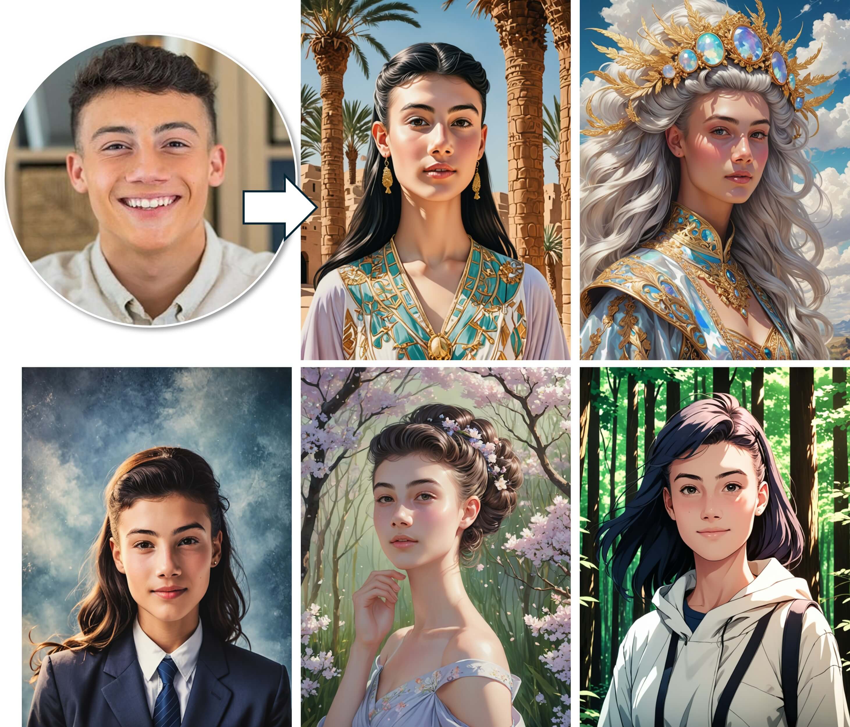  Kreativer AI Gender Swap in Anime- und Fantasy-Stilen – realistische Umwandlung von männlich zu weiblich mit KI.
