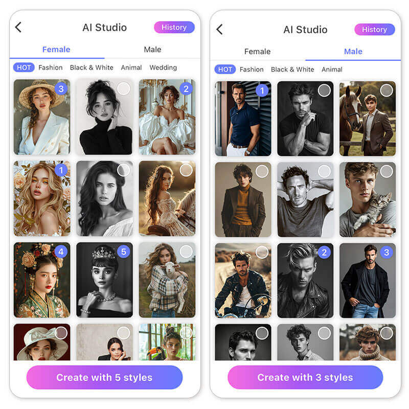 Übersicht im AI Studio der YouCam App mit weiblichen und männlichen Gender Swap Stilen zur Auswahl für die KI-generierte Transformation.