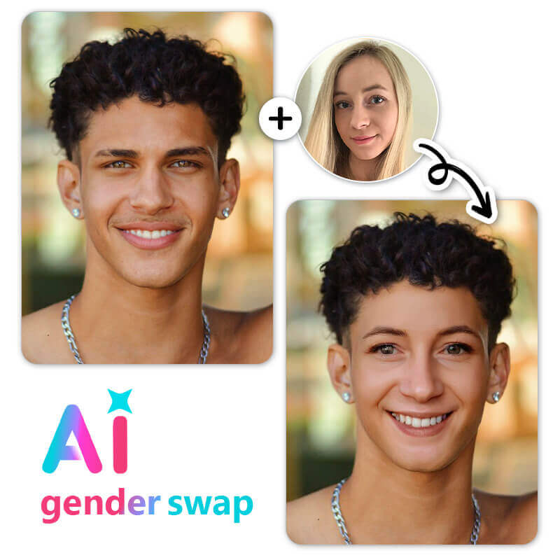 Ein Mann nutzt einen Face Swap Filter, um sein Gesicht mit dem einer Frau zu tauschen und seine weibliche Version darzustellen.