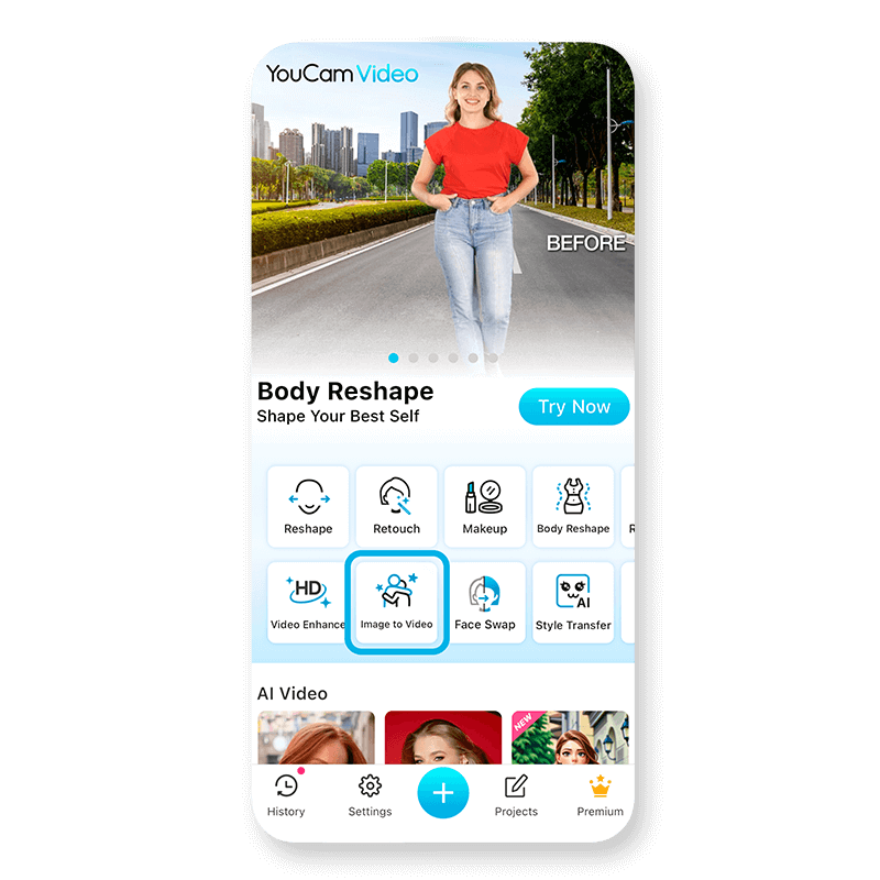 Interface do app YouCam Video mostrando a função 'Imagem para Vídeo' para criar vídeos de abraço virtual com IA.