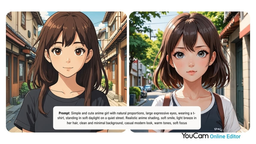 Zwei einfache Anime Girls mit natürlichen Proportionen auf ruhiger Straße – erstellt mit AI-Anime-Generator