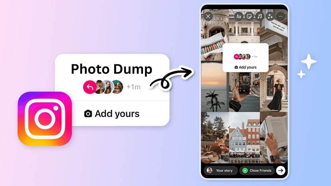 Uma imagem que ilustra o recurso "Adicione o seu" do Instagram, com o texto "Photo Dump" e várias fotos dispostas em um formato de grade, ideal para um 'dump' de julho.