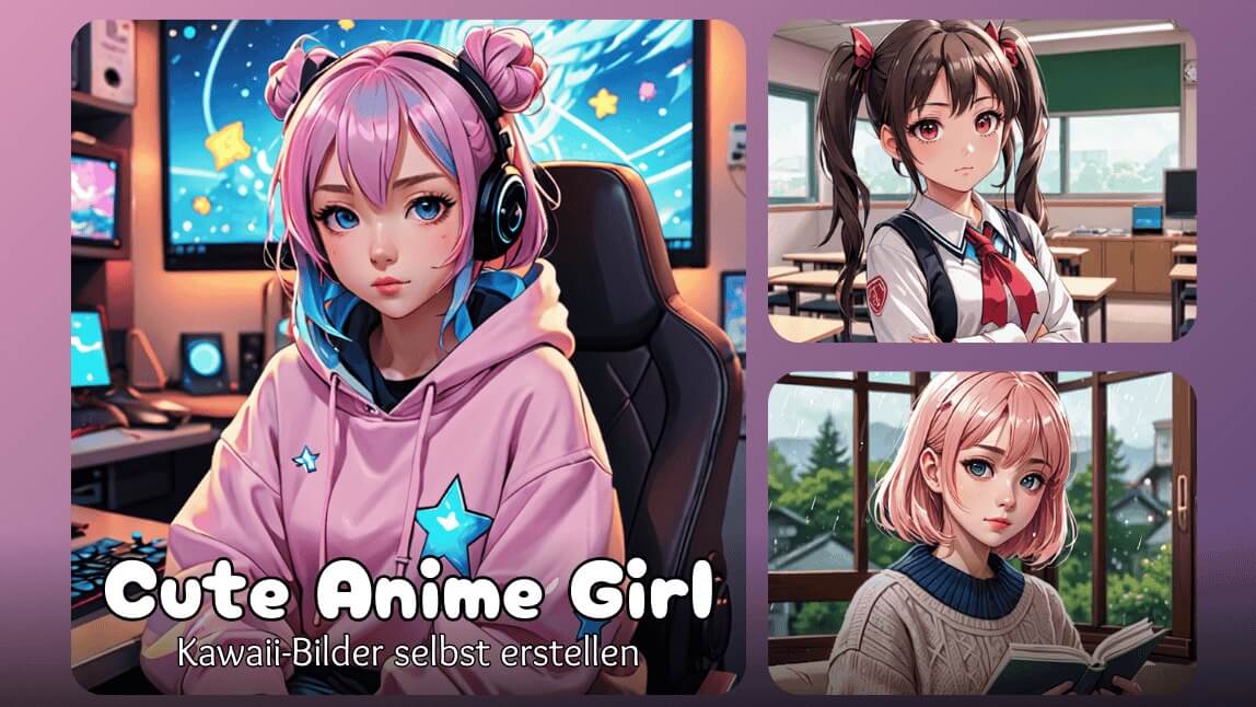 Cute Anime Girl mit pinken Zöpfen am PC, Schulmädchen mit Zöpfen im Klassenzimmer und blonder Anime Girl mit Buch