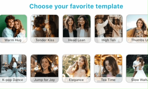 Selecionando o template 'Abraço Quente' no YouCam Video para criar vídeo de abraço virtual.
