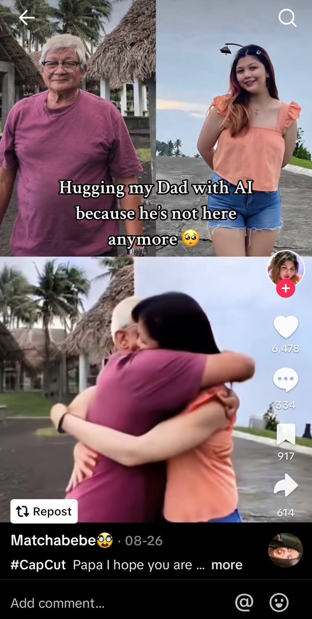 Exemplo de vídeo de abraço virtual com IA criado a partir de imagem para vídeo, popular no TikTok.
